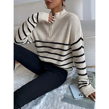 MakeMeChic Women's Casual Striped Half Zip Up Drop Shoulder Long Sleeve Sweater Pullover Top Apricot XS