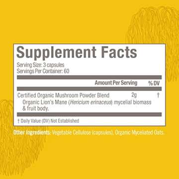OM Mushroom Superfood Lion's Mane Mushroom Capsules Superfood Supplement, 180 Count, 60 Days, Fruit Body and Mycelium Nootropic for Memory Support, Focus, Clarity, Nerve Health, Creativity and Mood
