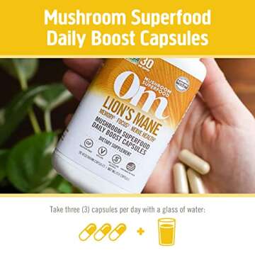 OM Mushroom Superfood Lion's Mane Mushroom Capsules Superfood Supplement, 180 Count, 60 Days, Fruit Body and Mycelium Nootropic for Memory Support, Focus, Clarity, Nerve Health, Creativity and Mood