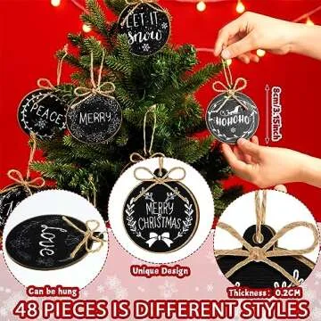 48 Pcs Wooden Christmas Hanging Ornaments Hemp Rope Tree Wood Ornaments Christmas Tree Decor Christm...