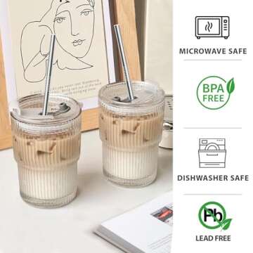 RÉΑLWÁY 13 OZ Glass Cups with Lids and Straws, Iced Coffee Cups with Lids, Clear Ribbed Glassware...