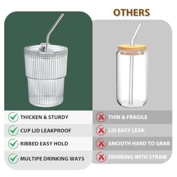 RÉΑLWÁY 13 OZ Glass Cups with Lids and Straws, Iced Coffee Cups with Lids, Clear Ribbed Glassware for Coffee Smoothie Cocktail Ice Tea, Glass Tumbler with Straw and Lid, Set of 4