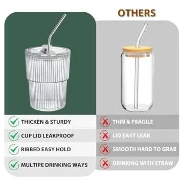 RÉΑLWÁY 13 OZ Glass Cups with Lids and Straws, Iced Coffee Cups with Lids, Clear Ribbed Glassware for Coffee Smoothie Cocktail Ice Tea, Glass Tumbler with Straw and Lid, Set of 4