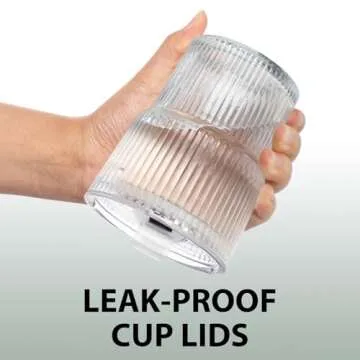 RÉΑLWÁY 13 OZ Glass Cups with Lids and Straws, Iced Coffee Cups with Lids, Clear Ribbed Glassware for Coffee Smoothie Cocktail Ice Tea, Glass Tumbler with Straw and Lid, Set of 4