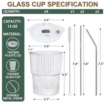 RÉΑLWÁY 13 OZ Glass Cups with Lids and Straws, Iced Coffee Cups with Lids, Clear Ribbed Glassware for Coffee Smoothie Cocktail Ice Tea, Glass Tumbler with Straw and Lid, Set of 4