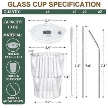 RÉΑLWÁY 13 OZ Glass Cups with Lids and Straws, Iced Coffee Cups with Lids, Clear Ribbed Glassware for Coffee Smoothie Cocktail Ice Tea, Glass Tumbler with Straw and Lid, Set of 4