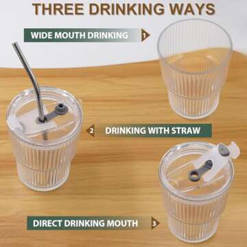 RÉΑLWÁY 13 OZ Glass Cups with Lids and Straws, Iced Coffee Cups with Lids, Clear Ribbed Glassware for Coffee Smoothie Cocktail Ice Tea, Glass Tumbler with Straw and Lid, Set of 4