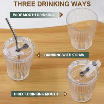 RÉΑLWÁY 13 OZ Glass Cups with Lids and Straws, Iced Coffee Cups with Lids, Clear Ribbed Glassware for Coffee Smoothie Cocktail Ice Tea, Glass Tumbler with Straw and Lid, Set of 4