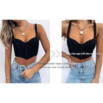 Women Y2k Corset Brami Crop Top Sexy V Neck Plunging Tight Plain Cropped Tank Tops Rave Euphoria Outfit Trendy Going Out Tops Casual Summer Black S