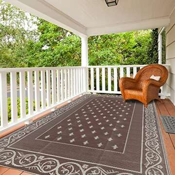 Pauwer 6'x9' Outdoor Rugs Reversible Mats, Plastic Straw Rug, Waterproof Lightweight Area Rug, Large Floor Mat and Rug for RV, Patio, Backyard, Deck, Picnic, Beach, Trailer, Camping (Brown, 6'x9')