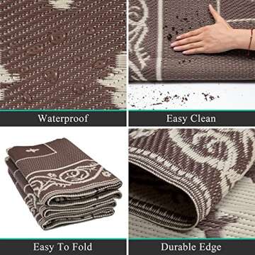 Pauwer 6'x9' Outdoor Rugs Reversible Mats, Plastic Straw Rug, Waterproof Lightweight Area Rug, Large Floor Mat and Rug for RV, Patio, Backyard, Deck, Picnic, Beach, Trailer, Camping (Brown, 6'x9')
