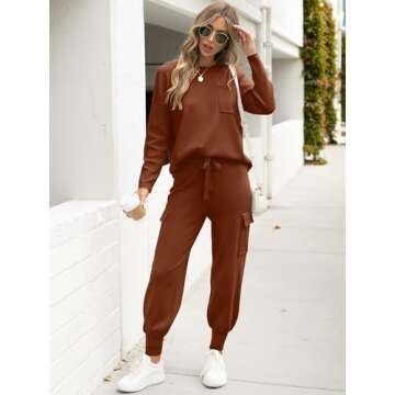 Caracilia Women's Two Piece Outfits Sweater Sets Long Sleeve Knit Tops Matching Cargo Jogger Pants 2024 Fall Lounge Sets Brown Medium