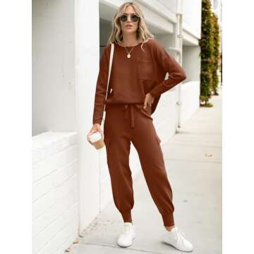 Caracilia Women's Two Piece Outfits Sweater Sets Long Sleeve Knit Tops Matching Cargo Jogger Pants 2024 Fall Lounge Sets Brown Medium