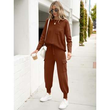 Caracilia Women's Two Piece Outfits Sweater Sets Long Sleeve Knit Tops Matching Cargo Jogger Pants 2024 Fall Lounge Sets Brown Medium