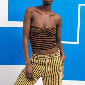 Meladyan Twist Front Striped Cutout Crop Tube Top