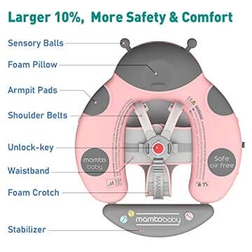 Preself Upgraded Baby Float Non-Inflatable Mambobaby Swim Ring, Infant Soft Solid Swimming Trainer, Baby Pool Float with Removable UPF 50+ UV Sun Protection Canopy (Pink Ladybug)
