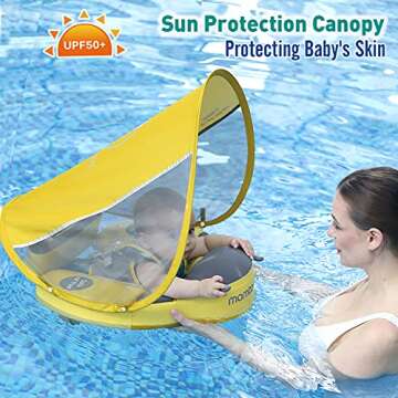 Preself Upgraded Baby Float Non-Inflatable Mambobaby Swim Ring, Infant Soft Solid Swimming Trainer, Baby Pool Float with Removable UPF 50+ UV Sun Protection Canopy (Pink Ladybug)