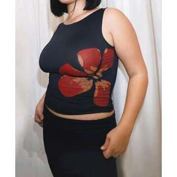 Women Y2k Floral Tank Top Sleeveless Flower Print Graphic Tee Crewneck Crop Tank Top Teen Girls Summer Streetwear Black