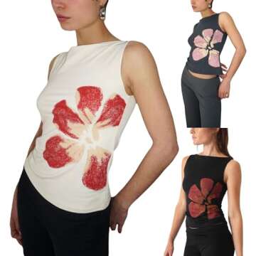 Women Y2k Floral Tank Top Sleeveless Flower Print Graphic Tee Crewneck Crop Tank Top Teen Girls Summer Streetwear Black