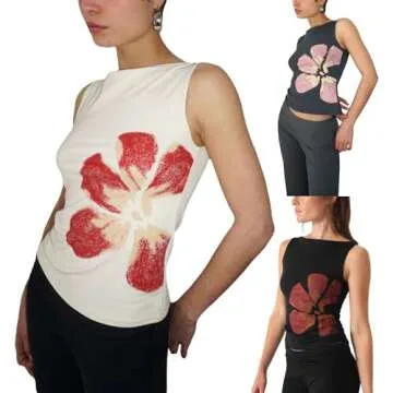 Women Y2k Floral Tank Top Sleeveless Flower Print Graphic Tee Crewneck Crop Tank Top Teen Girls Summer Streetwear Black