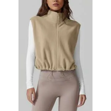 QINSEN Thick Fleece Vest Full Zip Stand Collar Winter Crop Coat Sleeveless Bomber Baggy Jacket Camel...