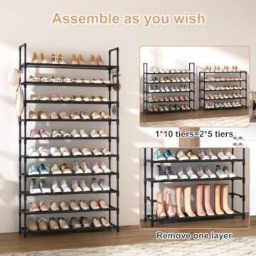 VTRIN 10 Tiers Shoe Rack Tall Large Capacity 50 Pairs Wide Shoe Organizer Sturdy Shoe Shelf for Entryway with Two Hooks Metal Shoe Storage for Closet, Bedroom, Black
