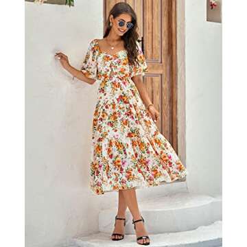 BTFBM Women Summer Dresses 2025 Flowy Beach Square Neck Puff Sleeve Smocked Dress - Floral White Ora...