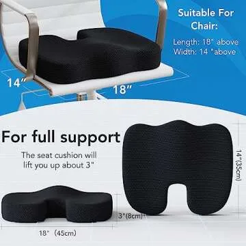 Seat Cushion & Lumbar Support Pillow for Office Chair, Car, Wheelchair Memory Foam Desk Chair Cushion for Sciatica, Lower Back & Tailbone Pain Relief Desk Pad with Adjustable Strap 3D Washable Cover