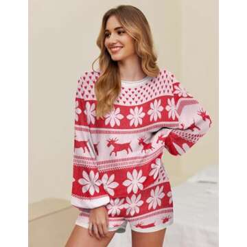 Ekouaer Knit Pajamas Set for Women Lounge Sets 2 Piece Long Sleeve Top and Shorts Pj Soft Sleepwear Cute Sweater Outfits Christmas White M
