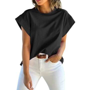 Tankaneo Womens Summer Cap Sleeve Tank Top Crew Neck Solid Casual Loose Fit Basic Tee Shirt Black