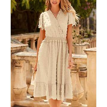 BTFBM Elegant Short Sleeve V Neck Swiss Dot Midi Summer Dresses for Women 2023 Boho Ruffle Long Dres...