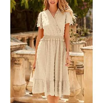 BTFBM Elegant Short Sleeve V Neck Swiss Dot Midi Summer Dresses for Women 2023 Boho Ruffle Long Dres...