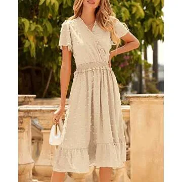 BTFBM Elegant Short Sleeve V Neck Swiss Dot Midi Summer Dresses for Women 2023 Boho Ruffle Long Dresses Ruffle Cocktail Dress（Solid Apricot,Medium