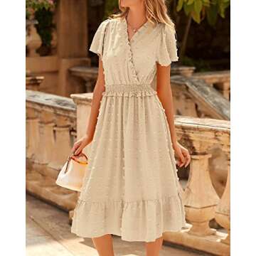 BTFBM Elegant Short Sleeve V Neck Swiss Dot Midi Summer Dresses for Women 2023 Boho Ruffle Long Dresses Ruffle Cocktail Dress（Solid Apricot,Medium