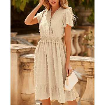 BTFBM Elegant Short Sleeve V Neck Swiss Dot Midi Summer Dresses for Women 2023 Boho Ruffle Long Dresses Ruffle Cocktail Dress（Solid Apricot,Medium