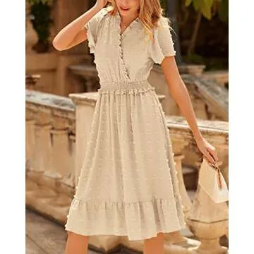 BTFBM Elegant Short Sleeve V Neck Swiss Dot Midi Summer Dresses for Women 2023 Boho Ruffle Long Dresses Ruffle Cocktail Dress（Solid Apricot,Medium