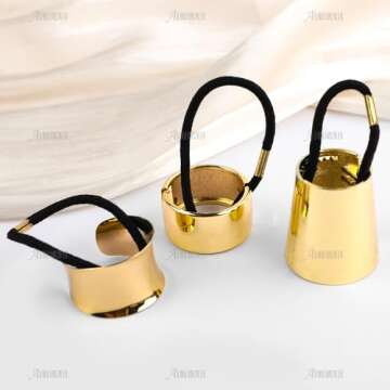 AUEAR, Brushed Metal Expandable Hair Cuff Ponytail Holder Elastic Tie for Women Girls Thick Rings Set (3 Pcs, Style 3)