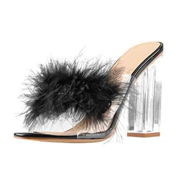 Yolkomo Women's Comfy Lucite Block Chunky High Heels Mules Slides Slippers Open Toe Marabou Mules Black Feather Shoes Size 7