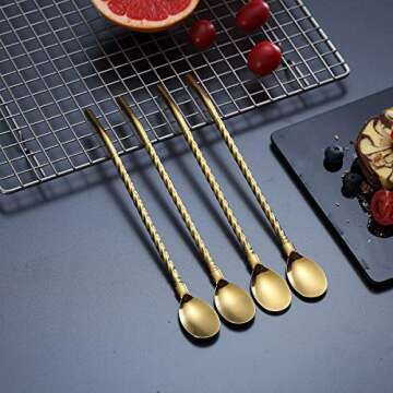 Gold Iced Tea Spoon With Straw Handle - 4pcs Stainless Steel Sporks