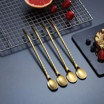 Gold Iced Tea Spoon With Straw Handle - 4pcs Stainless Steel Sporks