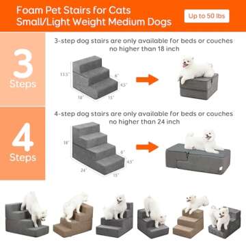 Dog Stairs & Steps for Small Dogs Cats, Pawque Pet Steps for High Bed Couch, Shock Absorbing Foam with High-Strength Boards for Pet Safe, Non-Slip Removable Washable Cover, 3-Step (13.5'' High)