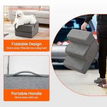 Dog Stairs & Steps for Small Dogs Cats, Pawque Pet Steps for High Bed Couch, Shock Absorbing Foam with High-Strength Boards for Pet Safe, Non-Slip Removable Washable Cover, 3-Step (13.5'' High)