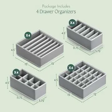 Dresser Organizer, [4 Pk] Grey Fabric Dresser Drawer Organizers (4 Sizes With 45 Slots) Foldable Underwear Drawer Organizer Breathable Bins for Bra, Lingerie, Socks, Scarves, Belt, Tie, Baby Clothes.