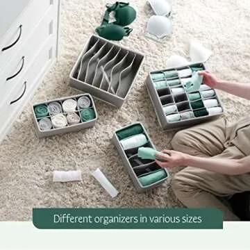 Dresser Organizer, [4 Pk] Grey Fabric Dresser Drawer Organizers (4 Sizes With 45 Slots) Foldable Underwear Drawer Organizer Breathable Bins for Bra, Lingerie, Socks, Scarves, Belt, Tie, Baby Clothes.