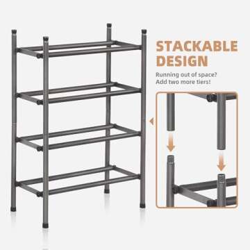 STORAGE MANIAC Expandable Shoe Rack, Stackable Shoe Rack for Closet, Small Shoe Rack Organizer for Entryway, Adjustable Shoe Rack for Garage, Shoe Rack for Front Door, Metal Shoe Rack, Black 2 Tier