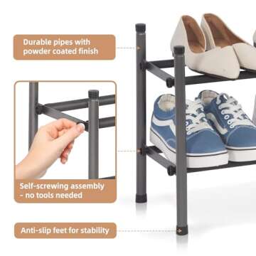 STORAGE MANIAC Expandable Shoe Rack, Stackable Shoe Rack for Closet, Small Shoe Rack Organizer for Entryway, Adjustable Shoe Rack for Garage, Shoe Rack for Front Door, Metal Shoe Rack, Black 2 Tier