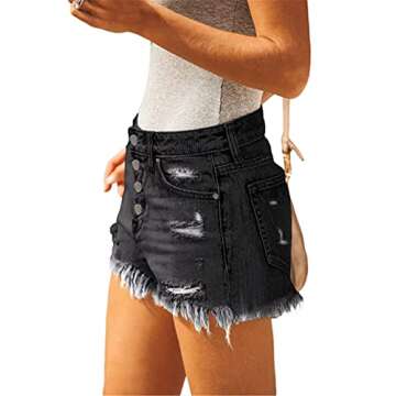 KISSMODA Women's Street Denim Shorts Mid Rise Raw Hem Ripped Stretchy Cut Off Jeans Short Black Small