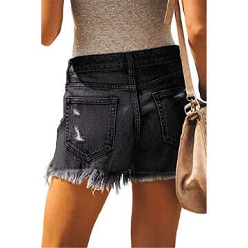KISSMODA Women's Street Denim Shorts Mid Rise Raw Hem Ripped Stretchy Cut Off Jeans Short Black Small