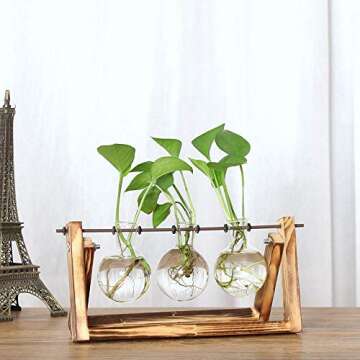 NERKT Desktop Plant Terrarium Air Planter Bulb Glass Vase Hydroponic Vase with Retro Solid Wooden St...