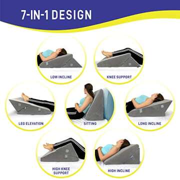 Bed Wedge Pillow - Memory Foam Top Adjustable 9&12 inch Folding Incline Cushion, for Legs and Back Support Pillow, Acid Reflux, Heartburn, Allergies, Snoring, Reading- Soft Washable Cover (Grey)